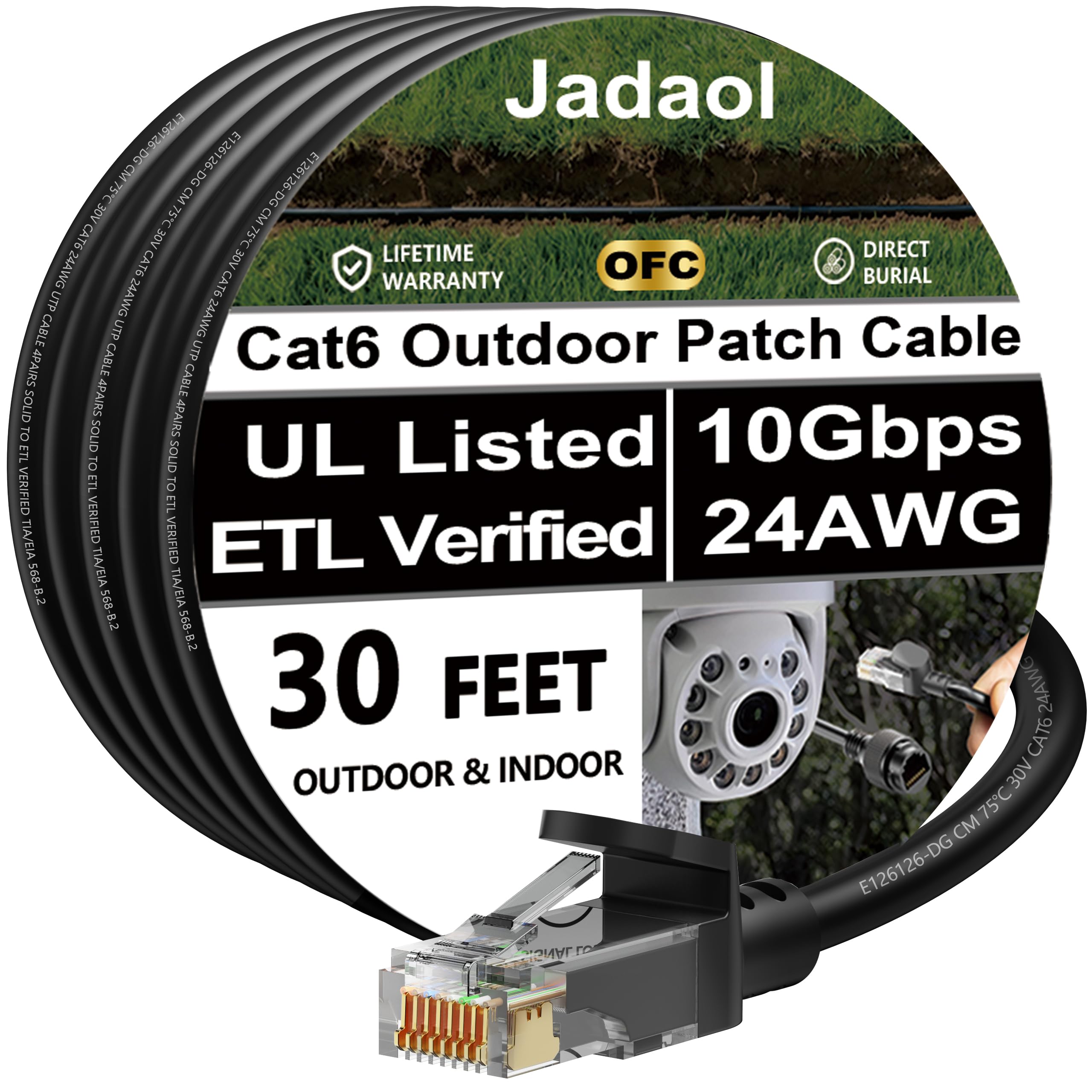 Jadaol Cat 6 Ethernet Cable 30ft, Outdoor&Indoor, 10Gbps Support Cat8/7 Network, 24AWG Pure Copper Patch LAN Cord, Direct Burial Waterproof In-Ground UV Resistant for Router, Modem, Switch, POE, Black