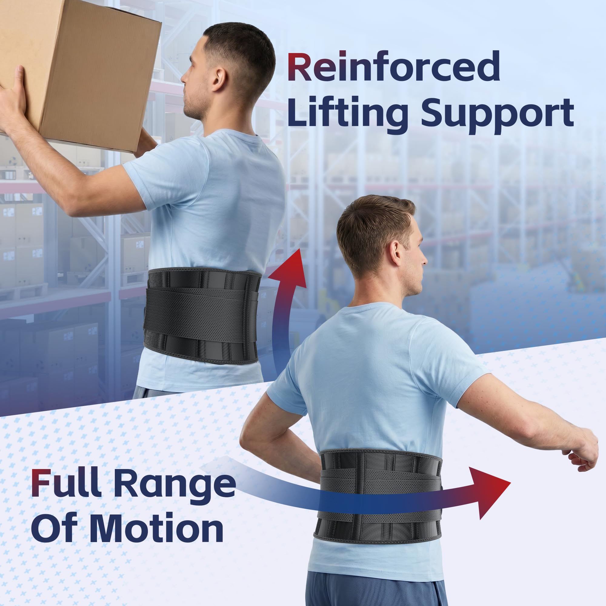 FEATOL Soporte de espalda para hombre, cinturón de apoyo lumbar, dolor de espalda, correas de apoyo ajustables con almohadilla lumbar extraíble para trabajos de levantamiento pesado, negro, talla