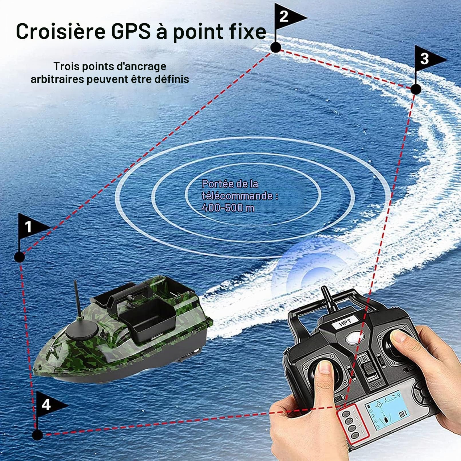 Bateau D'appât De Pêche Intelligent, Amorceur Peche Carpe GPS, Télécommandé 500m avec Feu Navigation LED, Convient pour Une Utilisation Nocturne et Nuageuse, home, 12000mAh