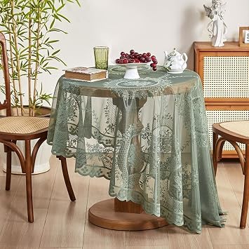 Vintage Green Lace Round Tablecloth for Round Tables 35 Inch Dia Floral Embroidered Farmhouse Hollow Out Decorative Table Cloth French Rustic Table Cover for Kitchen Dining Green C, 35"Dia