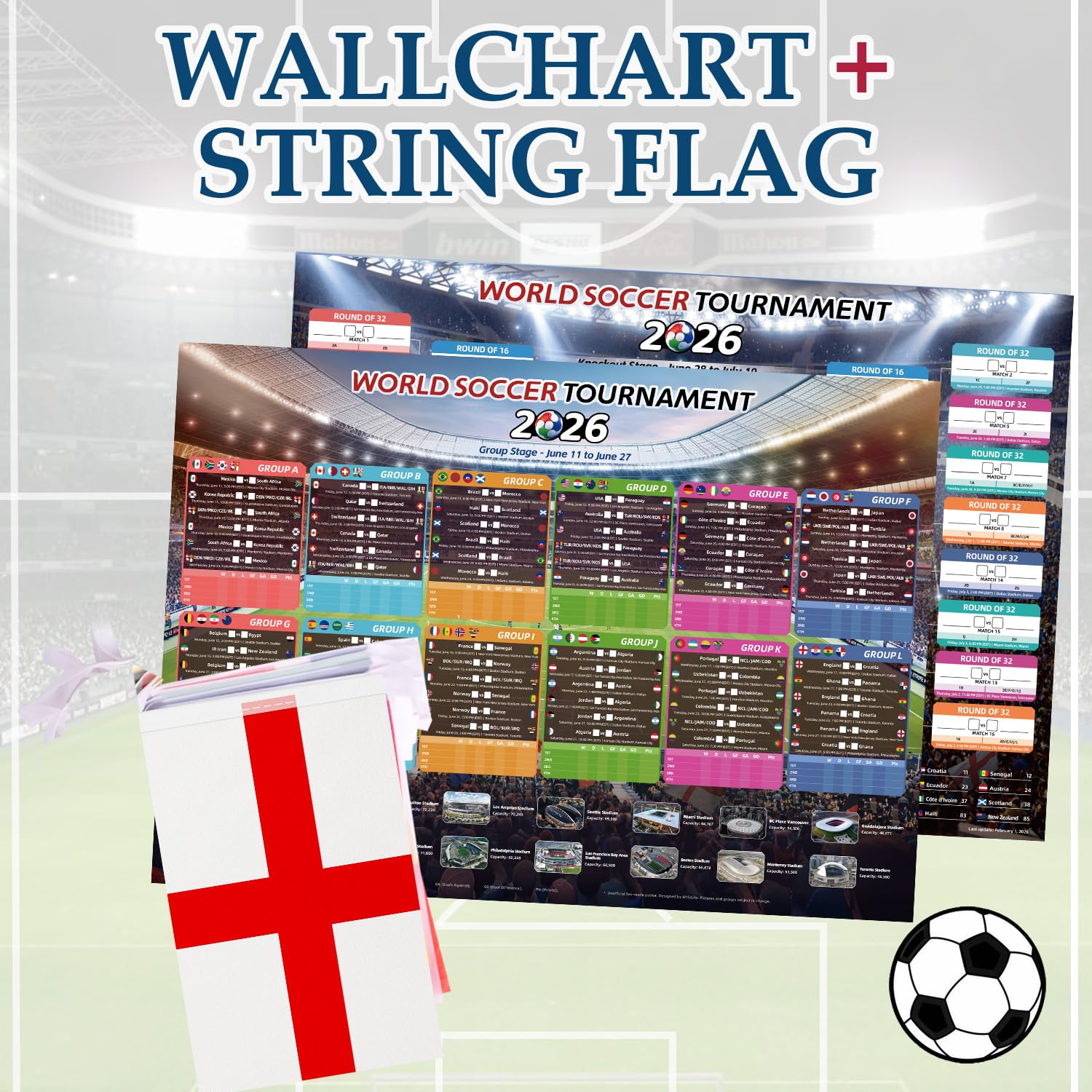 AhfuLife 2 Pcs World Cup Schedule Poster 2026 & 48 Countries String Flag Banner Set for Party Decorations, 23.3" x 16.5" World Cup Match 2026 Calendar and Fabric String Flags for Fans Home Bar Decor — view 7