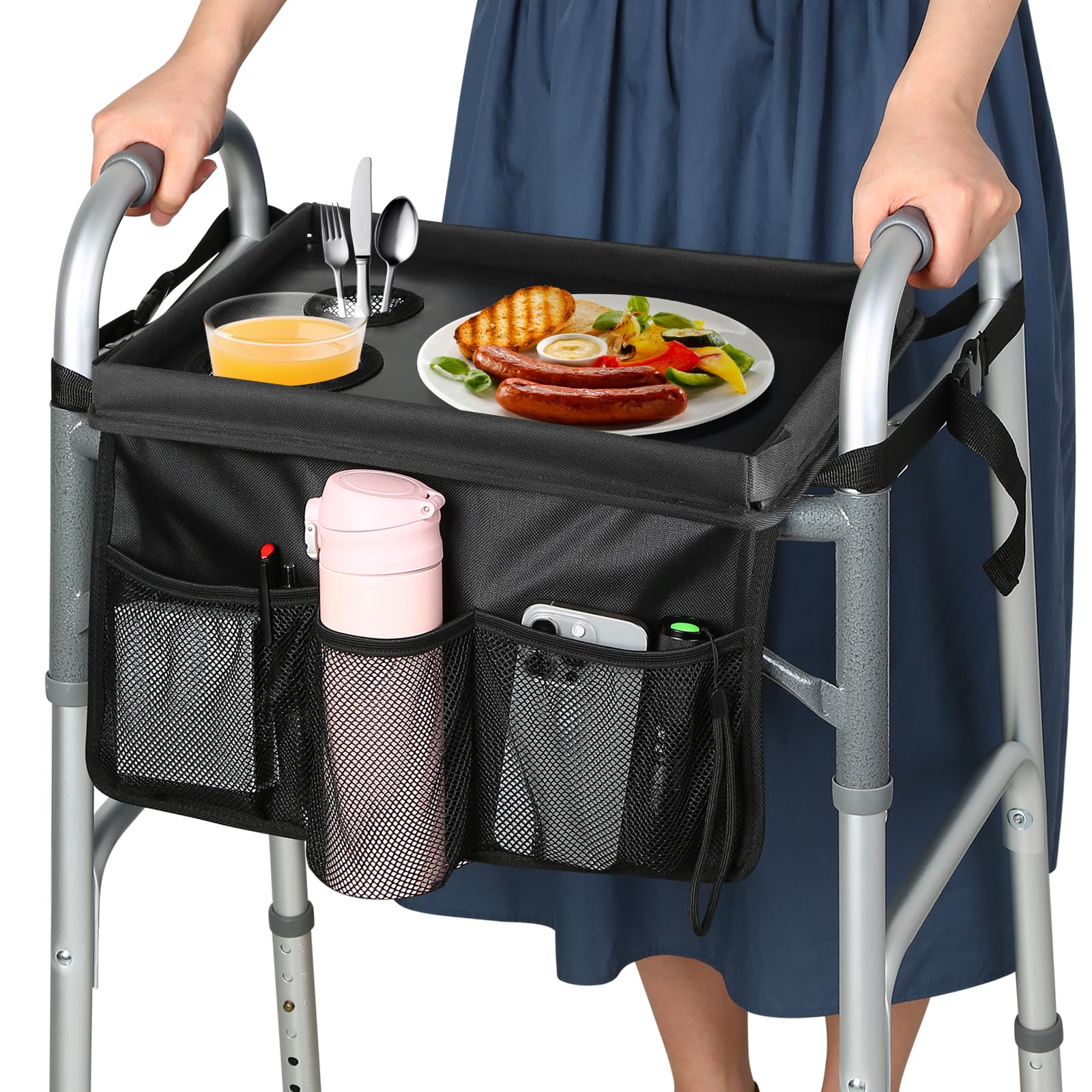 Photo 1 of HOOMTREE Walker Tray for Folding Walker, Trays for Walkers for Seniors Detachable with Cup Holder,Walker Trays for Rolling Folding Walker,Walker Accessories for Elderly (Black with Baffles)