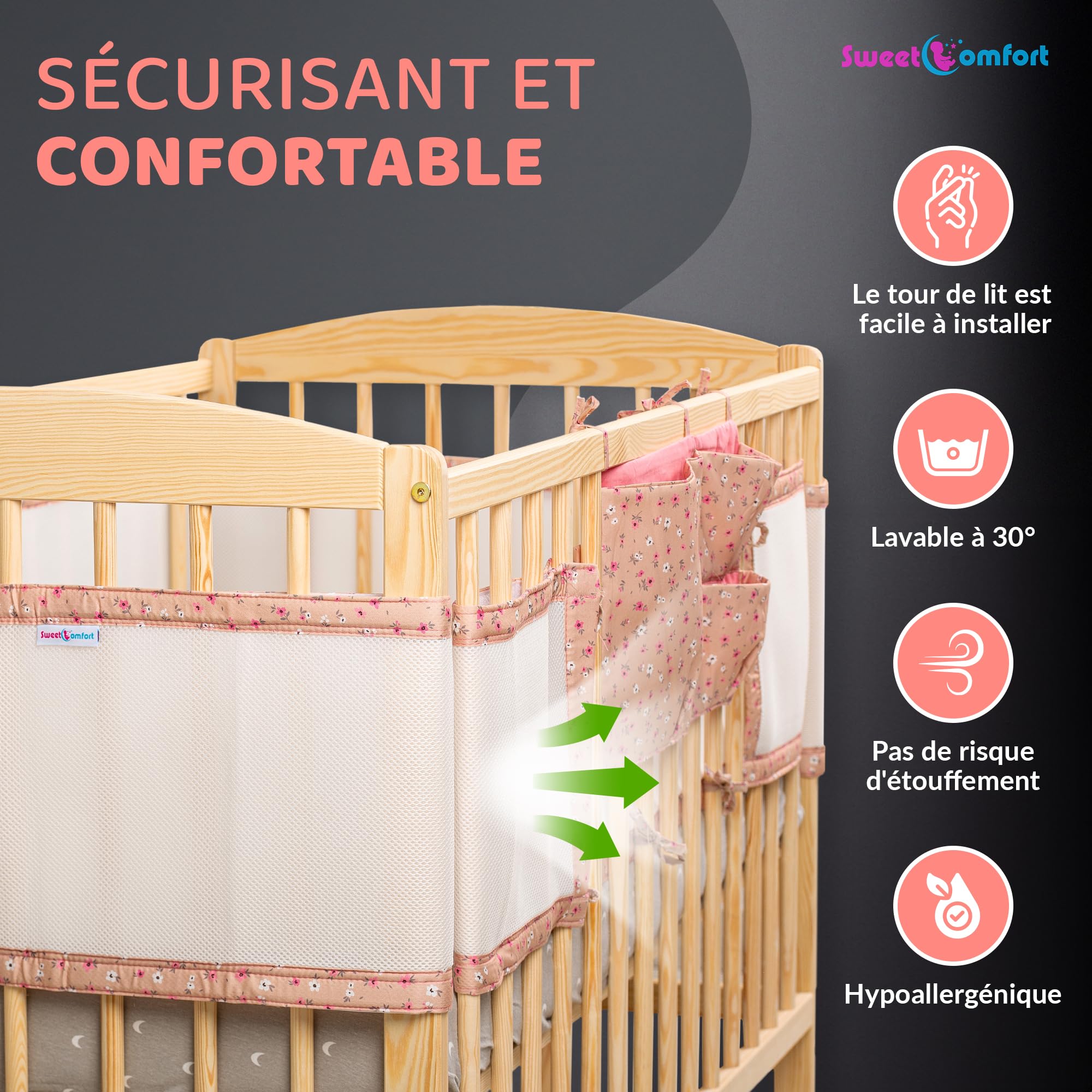Tour de Lit Bébé Fille avec Pochette de Rangement - Contour de Lit Bébé 60x120 et 70x140 cm à Lattes 3 à 4 Côtés - Tour de Lit Respirant Conforme à la Norme de Sécurité NF EN 16780 - Rose Floral