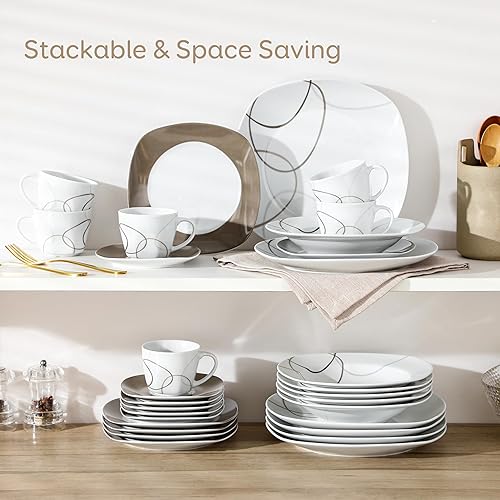 Miniatura 6 de VEWEET juego de vajilla de porcelana de 30piezas, de color blanco marfil con líneas marrones, juego con platos, tazas y platillos, para 6comensales,
