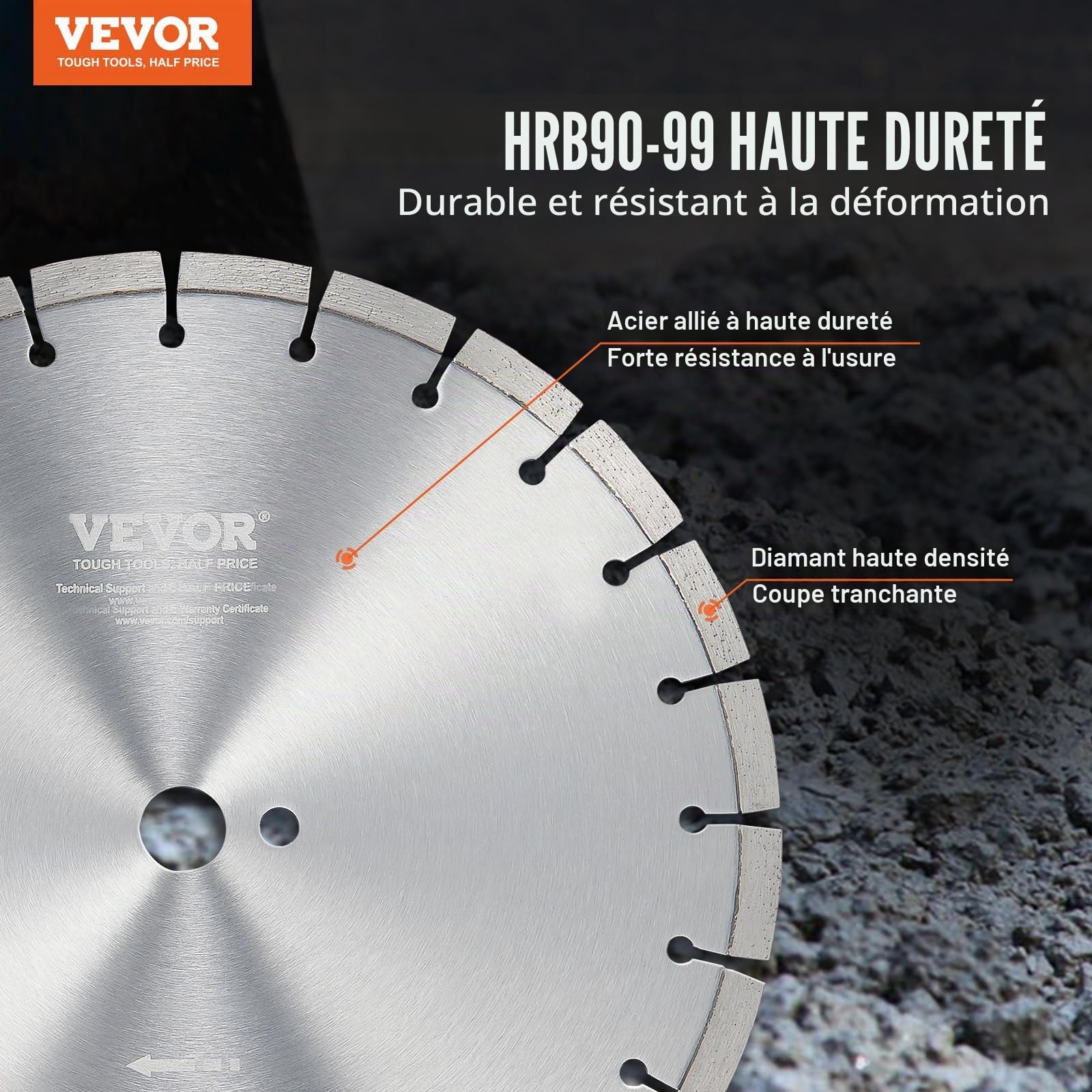 VEVOR Disque à Tronçonner Diamanté 350 mm, Disque Diamant Humide ou Sèche, Lame de Scie à Béton avec Dents Plates de 12 mm, Diamètre du Trou Central Universel 25,4 mm, pour Béton, Carrelage, Brique