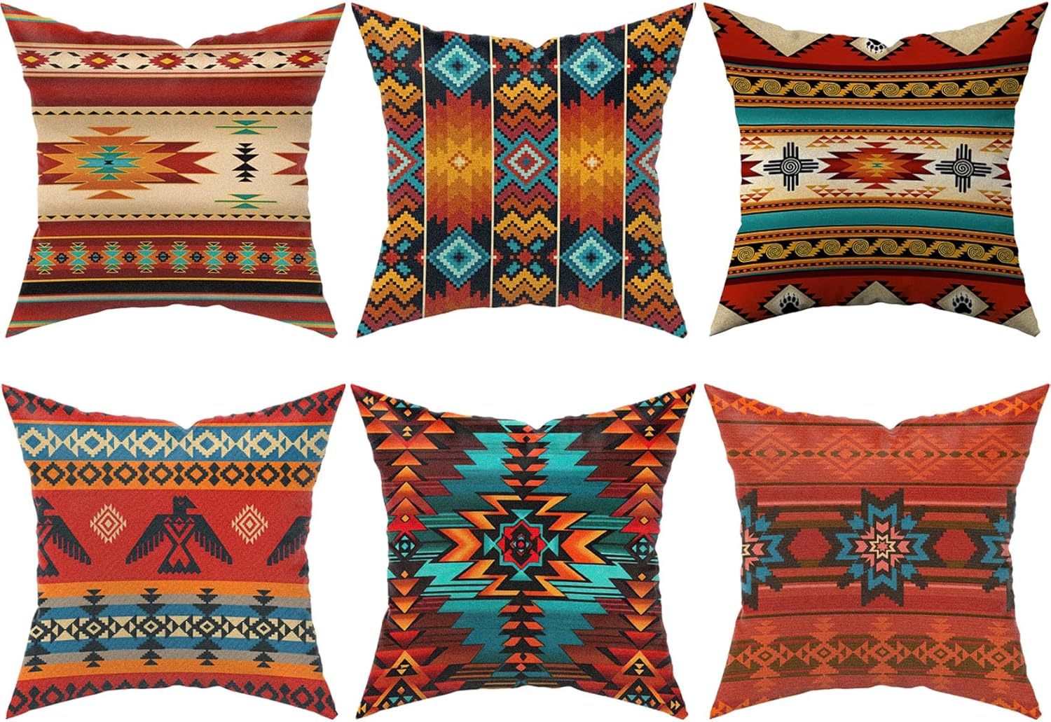 Native American Throw Pillow Covers Set of 6, Western Rustic Burnt Orange Home Decor Outdoor Tribal Ethnic Farmhouse Navajo Decorative Cushion Case 18"X18"