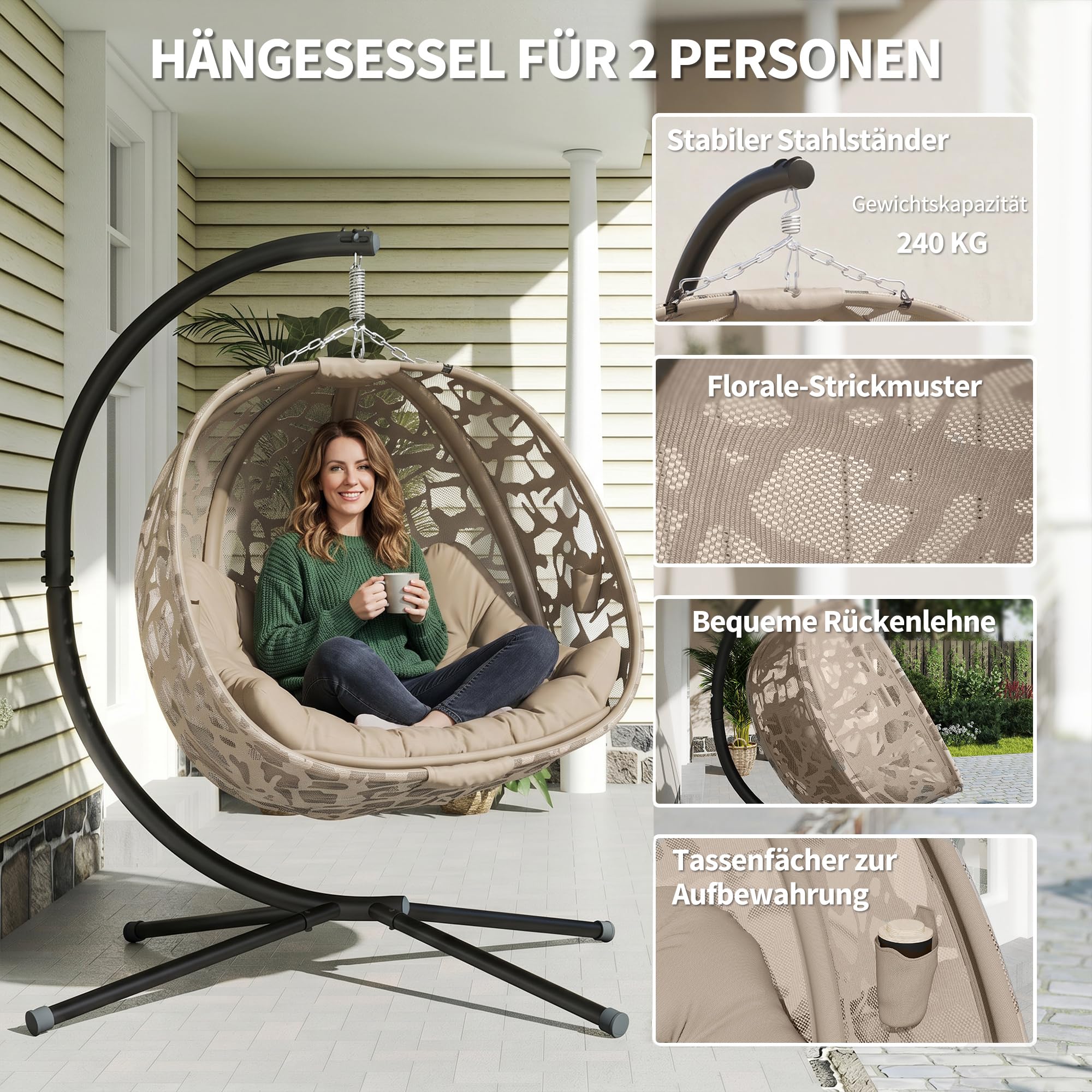 Outsunny Hängesessel, 2 Sitzer Hängestuhl mit Kissen, Hängeschaukel mit Klappbarem Sitzkorb, Seitentaschen für Indoor, Outdoor, bis 240 kg Belastbar, Polyester+Stahl, Sand
