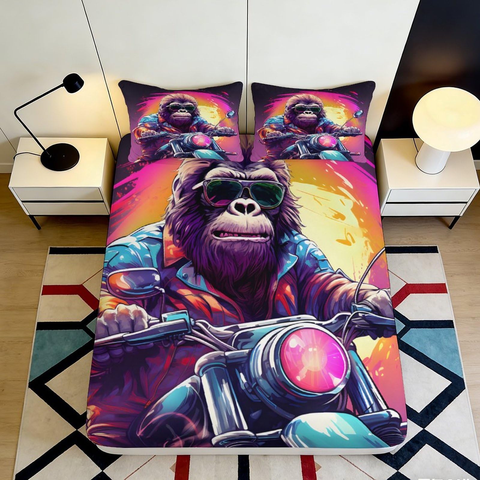 3D Printed Cool Monkey Rider Fitted Sheet Microfiber Non-Slip Deep Pocket Cool Monkey Rider Mattress Fitted Cover for Bedroom 140x200x25cm