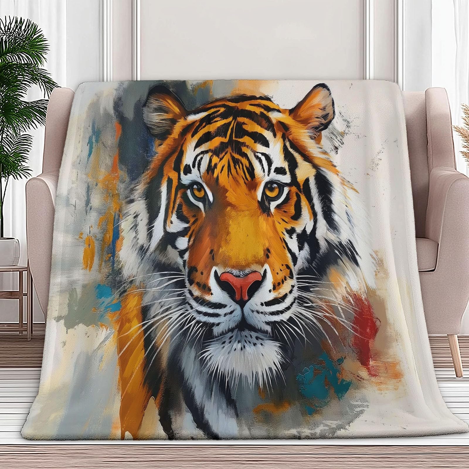 Générique Koc w kratę 150 x 200 cm, obraz olejny tygrysy, bardzo miękki koc flanelowy z nadrukiem, narzuta na sofę premium dla nastolatków i dorosłych, beżowy