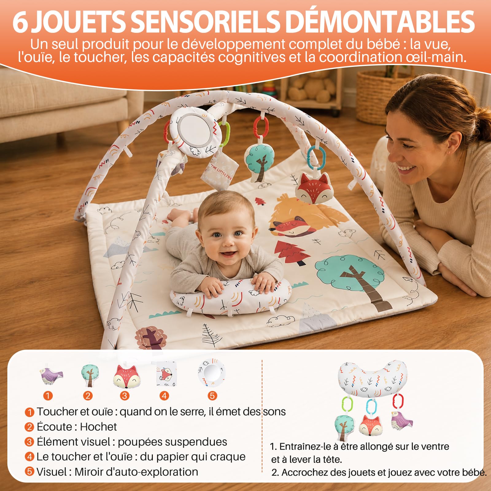 FUNYKICH Tapis D’Éveil pour Bébé Tapis de Jeu Multifonctionnel | Tapis d’éveil bébé avec jouets sensoriels renard,hochet,papier sonore,miroir et coussin ventral pour tummy time 0-18 mois
