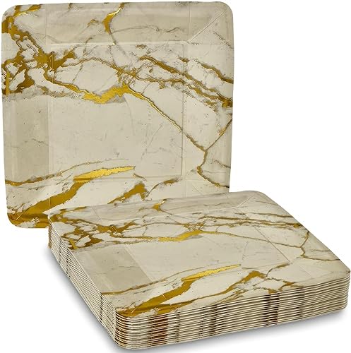 Silver Spoons Platos de papel de diseño de mármol  Platos cuadrados  Platos de boda elegantes  Colección de mármol  10.25 pulgadas  18 piezas  Oro