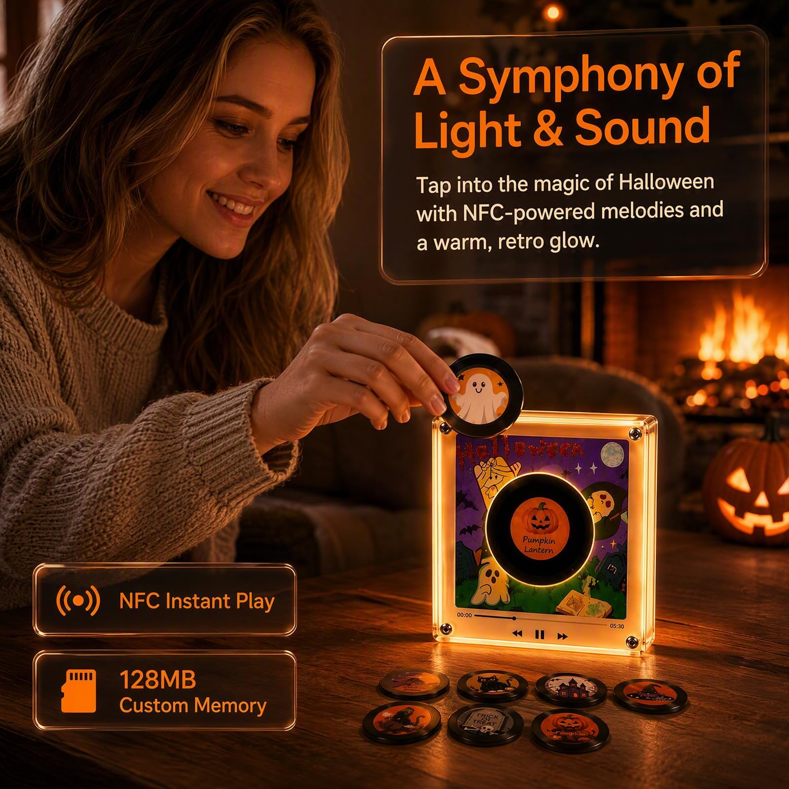 Weihnachts-Retro-Kühlschrankmagnet aus Vinyl Set, Mini NFC Musik Player mit 9 NFC-Discs und dynamischer LED-Beleuchtung, Weihnachtlicher Kühlschrankmagnet mit Beleuchtung, Kreative Musik Dekoration(F)
