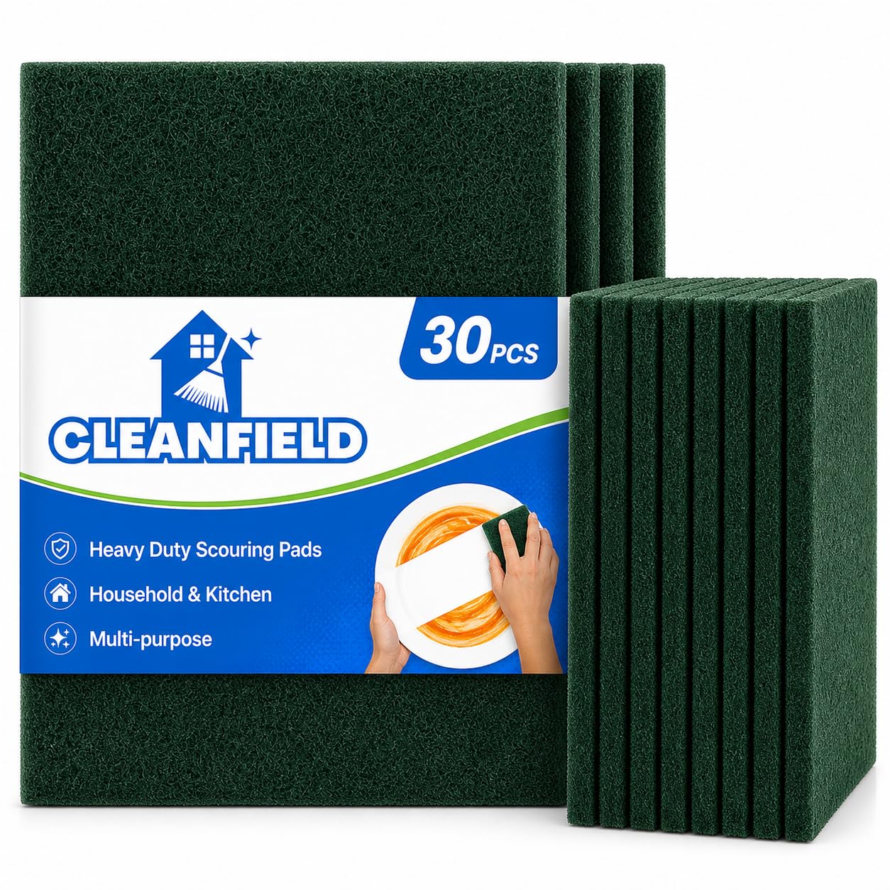CLEANFIELD Heavy Duty Scouring Pads for Kitchen Cleaning | Green Multi-Purpose Scrub Pads | Reusable Dishwashing & Surface Cleaning Pads | 15 CM x 10 CM Scrubbers for Utensils Sink Tiles (Pack of 30)-image-8
