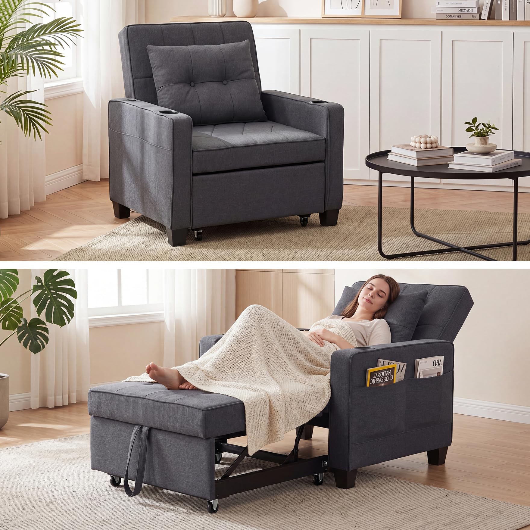 GRAVFORCE Sofa Bed Convertible 3 in 1 Sleeper Chair Bed with Adjustable Backrest Pull Out Sofa Single Sofa Bed Chairs for Small Space Living Room Dark Gray — image 1