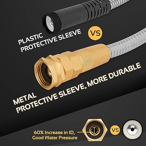 Miniatura 4 de Manguera de jardín de metal 360Gadget - Manguera de agua de acero inoxidable resistente de 100 pies con pulverizador de 8 funciones y accesorios de