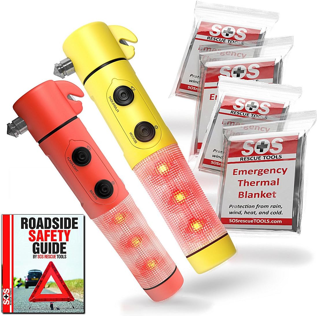 Window Breaker - Seat Belt Cutter (2 PACK) - Personal Emergency Beacon - LED Flashlight - Hands Free Magnetic Base โ Includes 2 Auto Glass Breaker Car Safety Tools 4 Bonus Emergency Blankets (MYLAR) and Printable Roadside Safety Guide