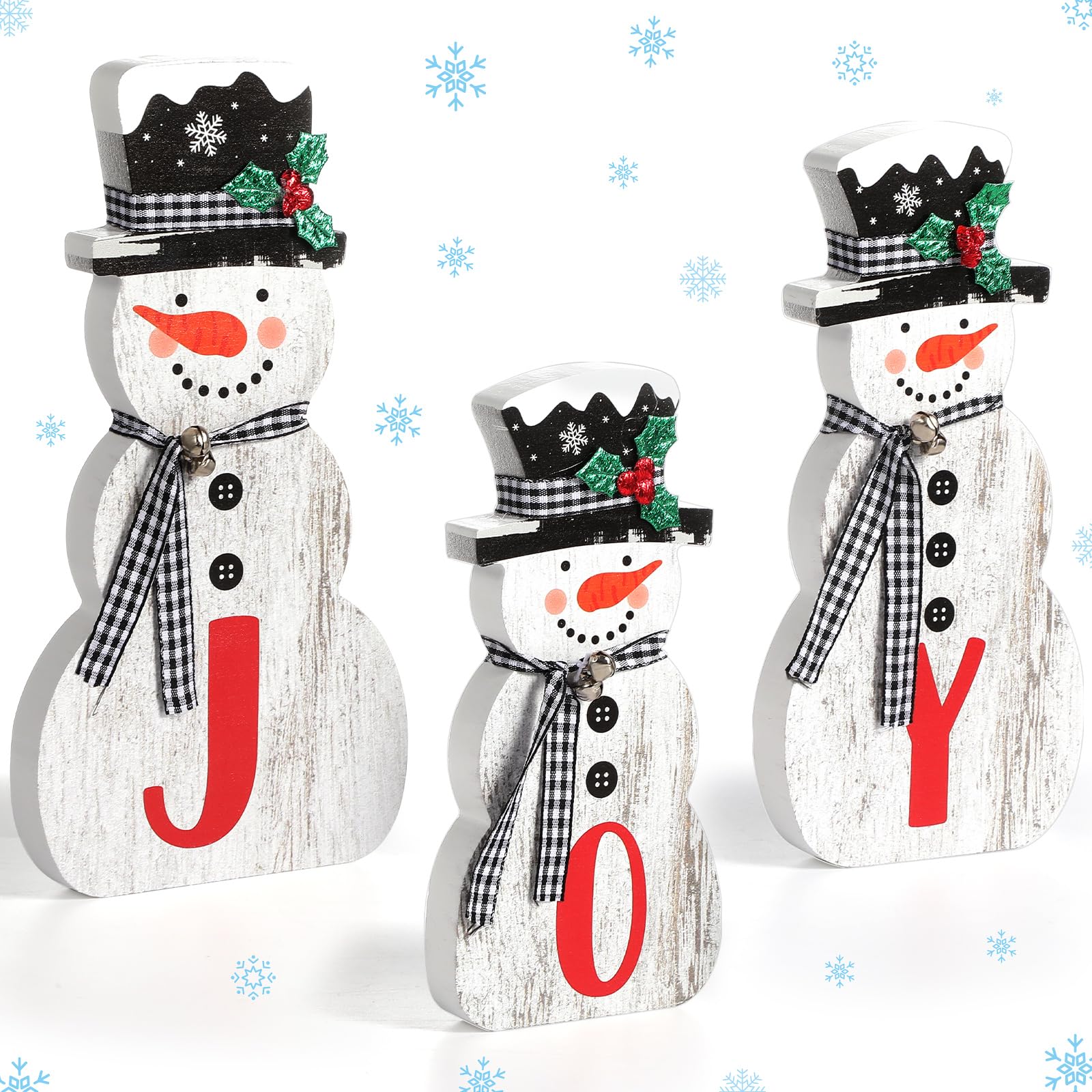 Wenqik 3 Pcs Christmas Snowman Table Top Decoration Joy Wooden Sign Holiday Table Centerpieces Snowman Family Block Decoration for Winter Xmas Mantel Home Shelf Tiered Tray Kitchen Decor