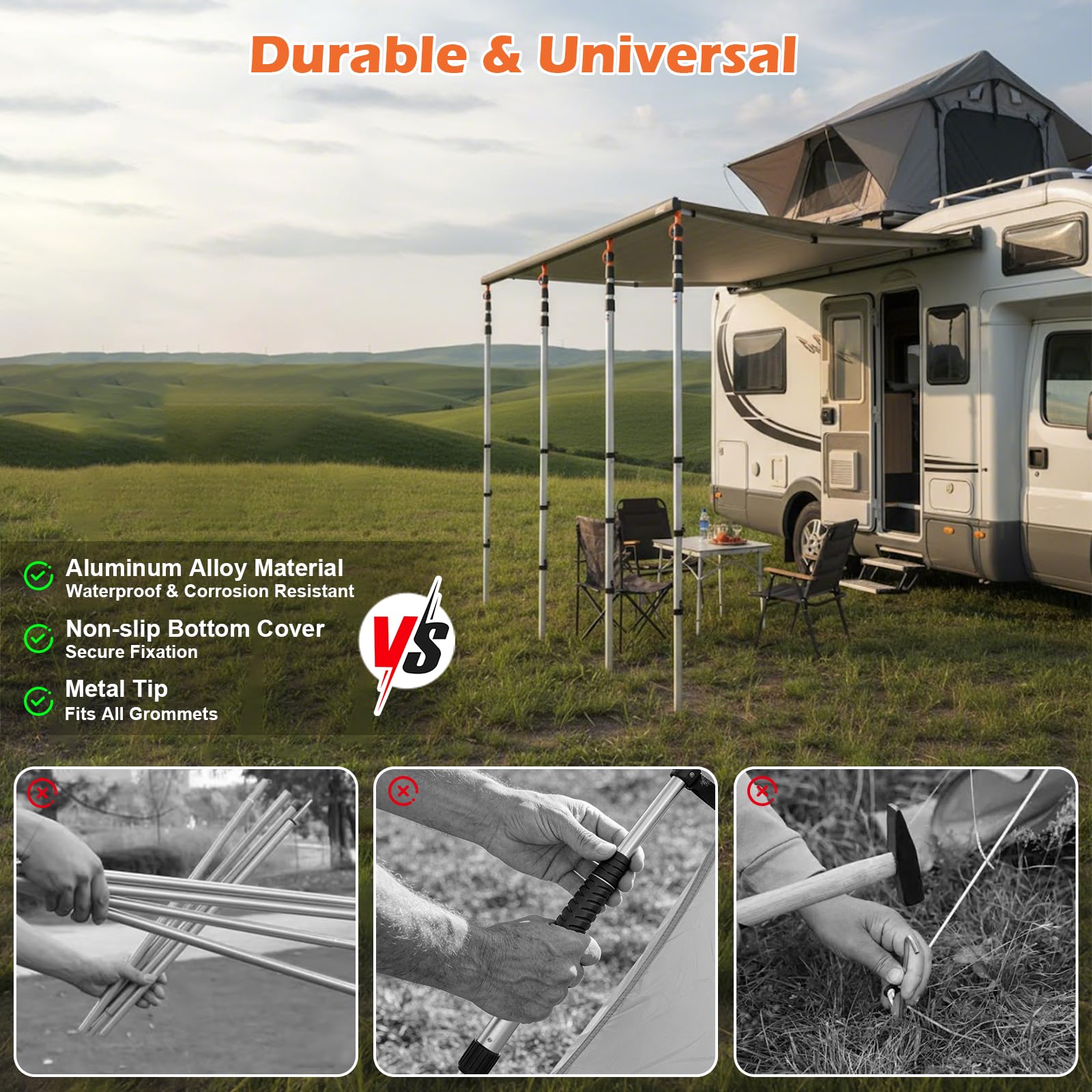 Barre télescopique pour tentes 2 pièces, Mat télescopique en alu 80-240cm – Barres de bâche pour Voile d‘ombrage, Camping – Tige télescopique avec Embout antidérapant et Housse de Rangement
