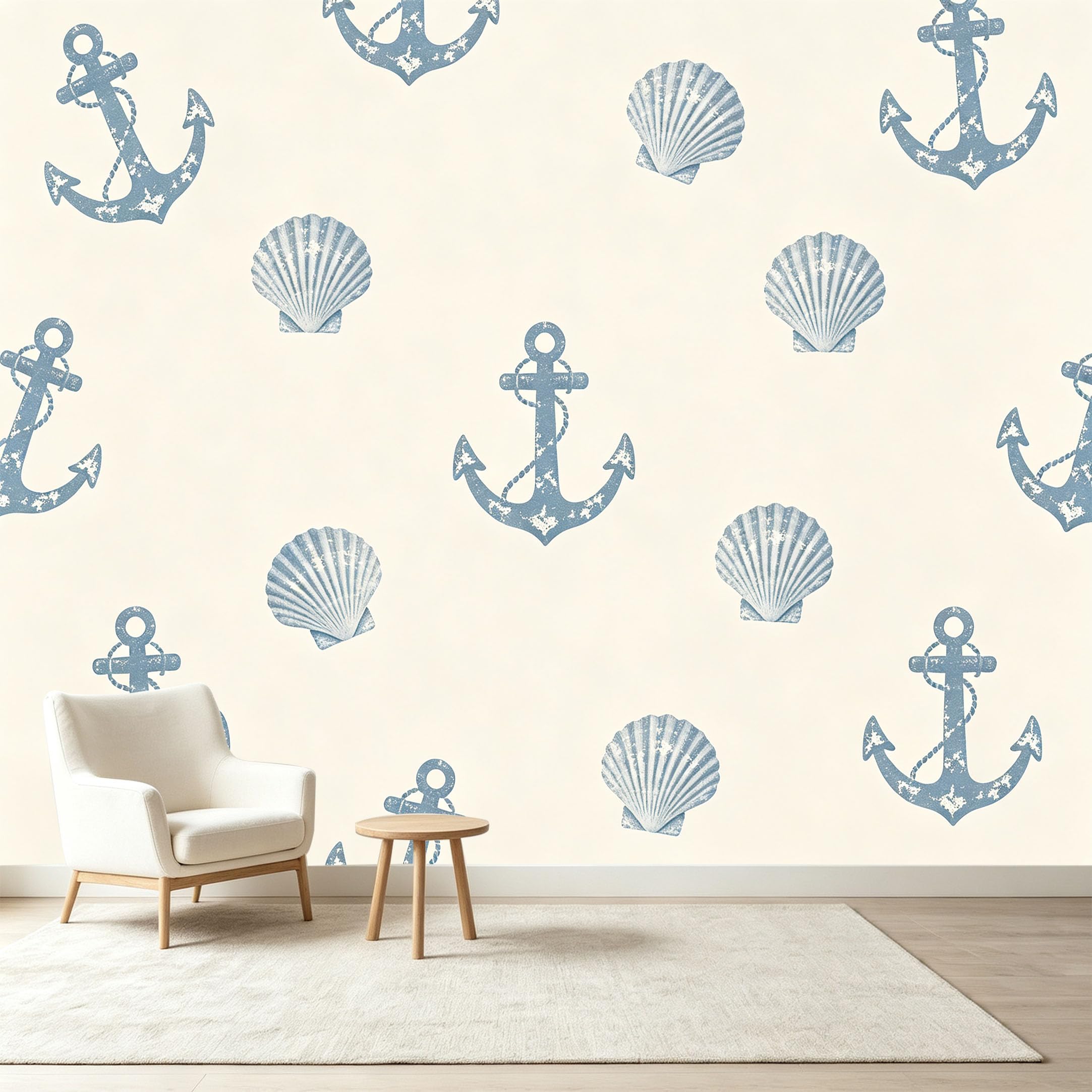 Custom Size Wall Murals Nautical Anchor Shell Pattern Coastal Seascape Self-Adhesive Wall Fabric Removable Wallpaper Wall Decor for Living Room Bedroom Bathroom
