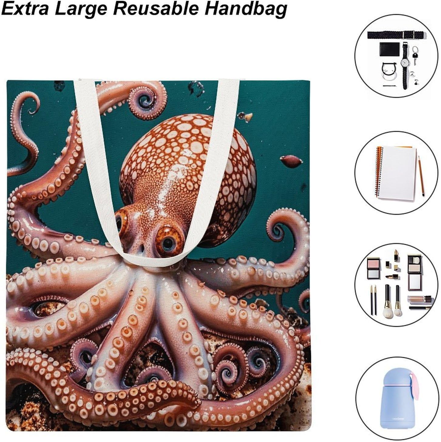 Octopus Pattern Ocean Canvas Tote Bag Reusable Grocery Bags Foldable Soft Cotton Shoulder Carry Bag