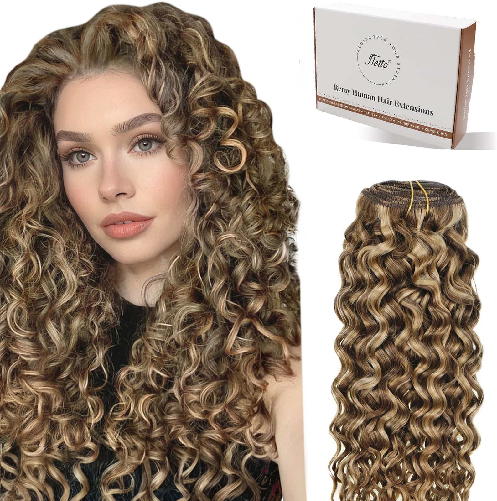 Hetto Curly Clip in Hair Extensions Brown Highlighted Blonde Hair Extensions Clip in Real Human Hair 7Pcs 100g Thick Clip in Extensions Curly Hair Pieces 16 Inch