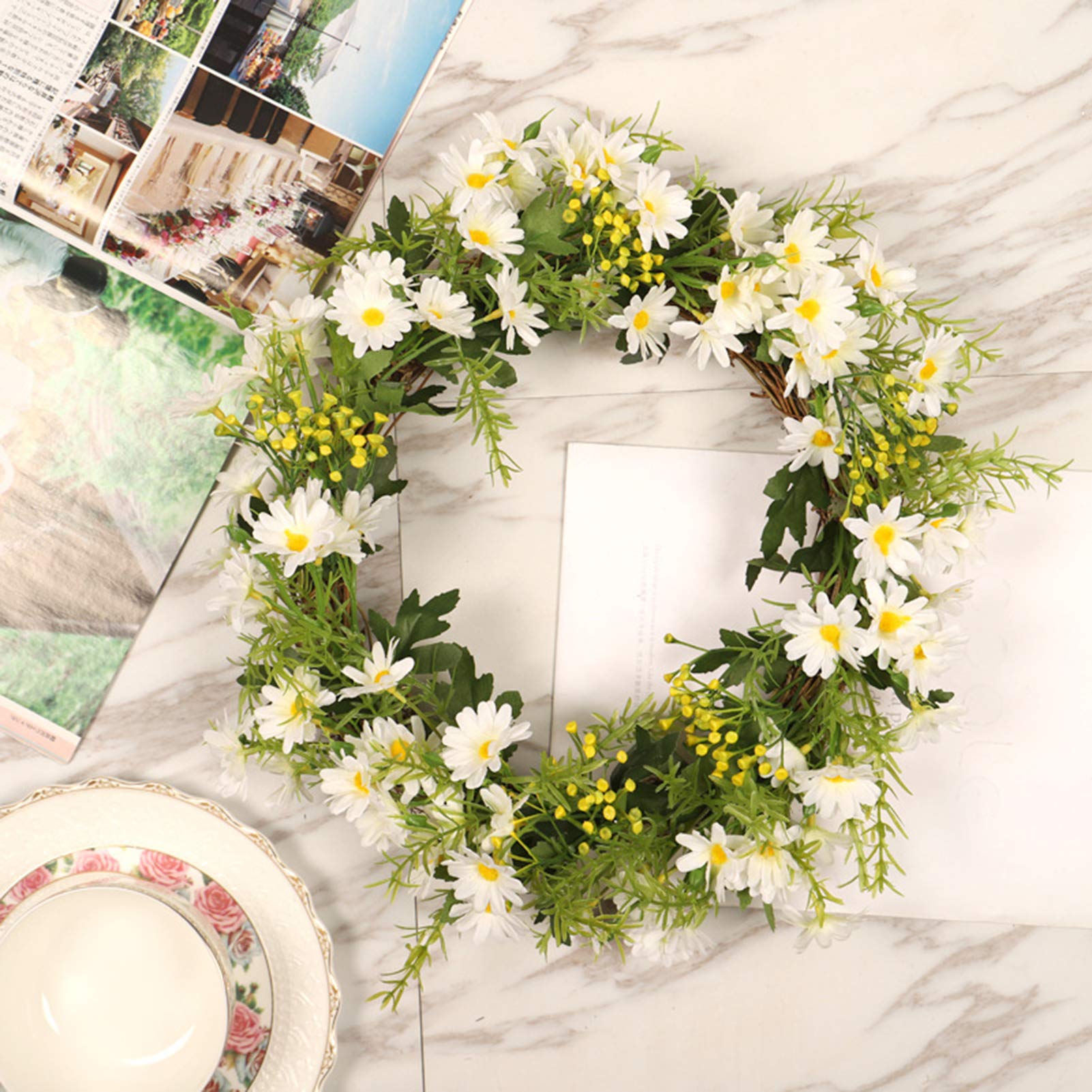LIU- Künstliche Weiße Daisy Kranz Lebendig Frühling Sommer Front Tür Kranz Für Home Bauernhaus Indoor Und Outdoor Urlaub Party Dekoration
