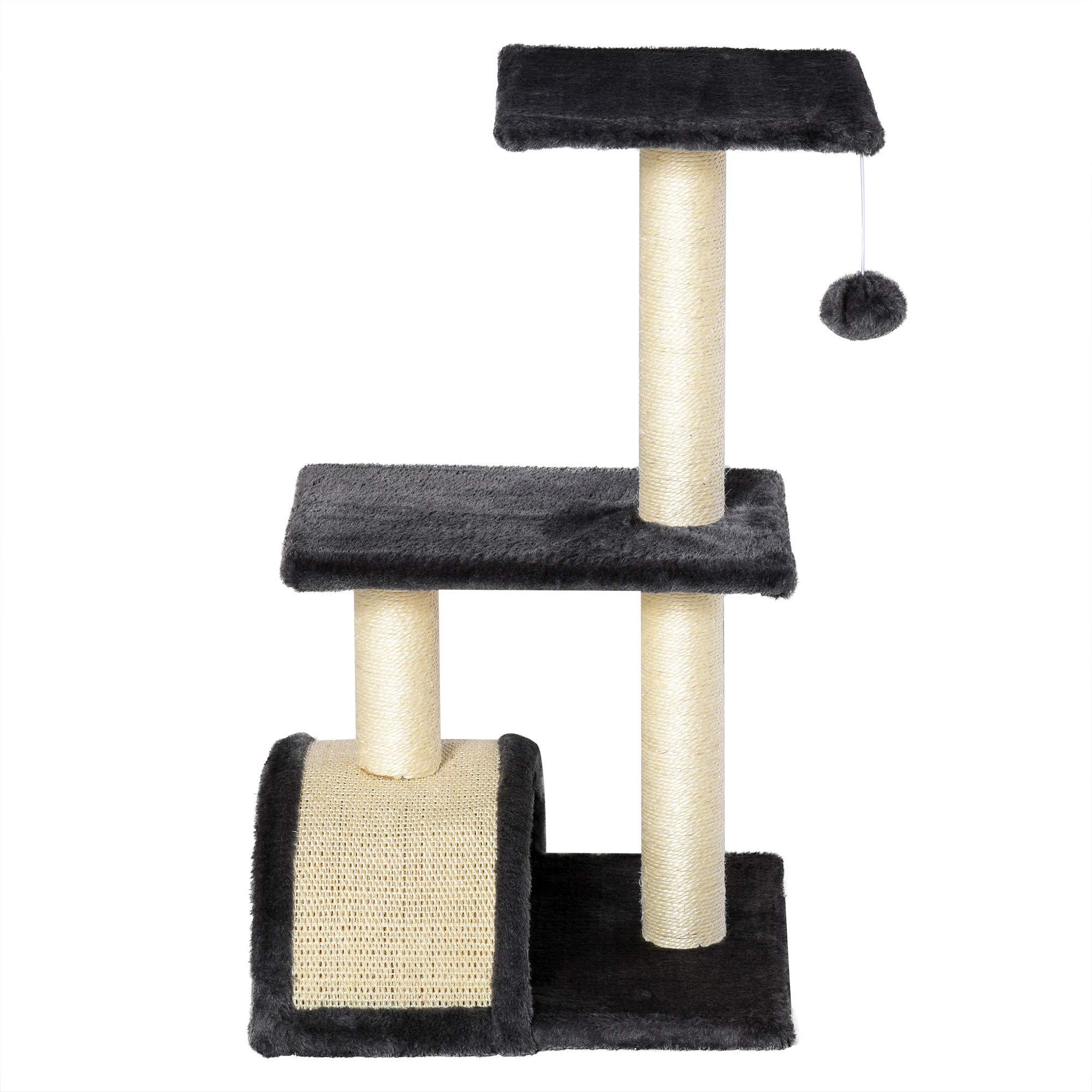 PawHut Albero Tiragraffi per Gatti a 3 Livelli 72 cm con Tappetino Tiragraffi ad Arco, Albero per Gatti Multilivello, Trespolo per Gatti con Pallina in Legno, Peluche e Sisal, Grigio