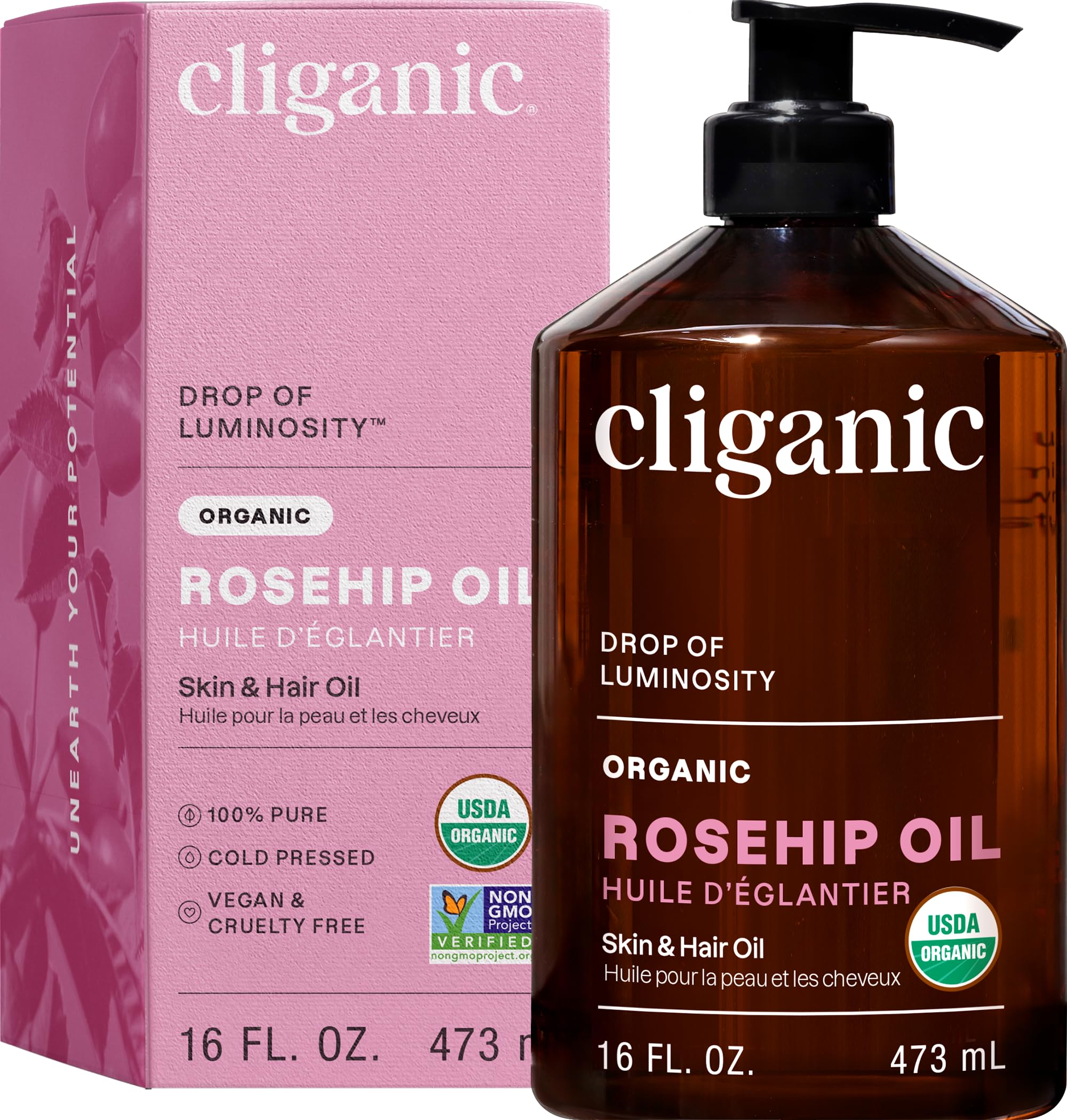 Organic Rosehip Seed Oil 16oz with Pump for Face, 100% Pure - for Face, Hair & Body