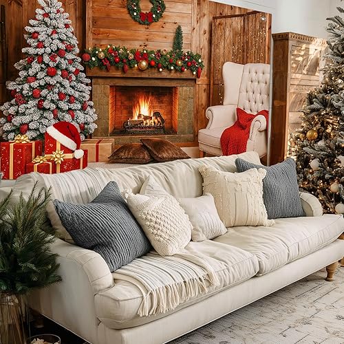 Miniatura 5 de Cartel de Navidad de 8 x 6 pies, fondo de árbol de chimenea, fondo de vacaciones con cajas de regalo, guirnalda para interiores y exteriores,