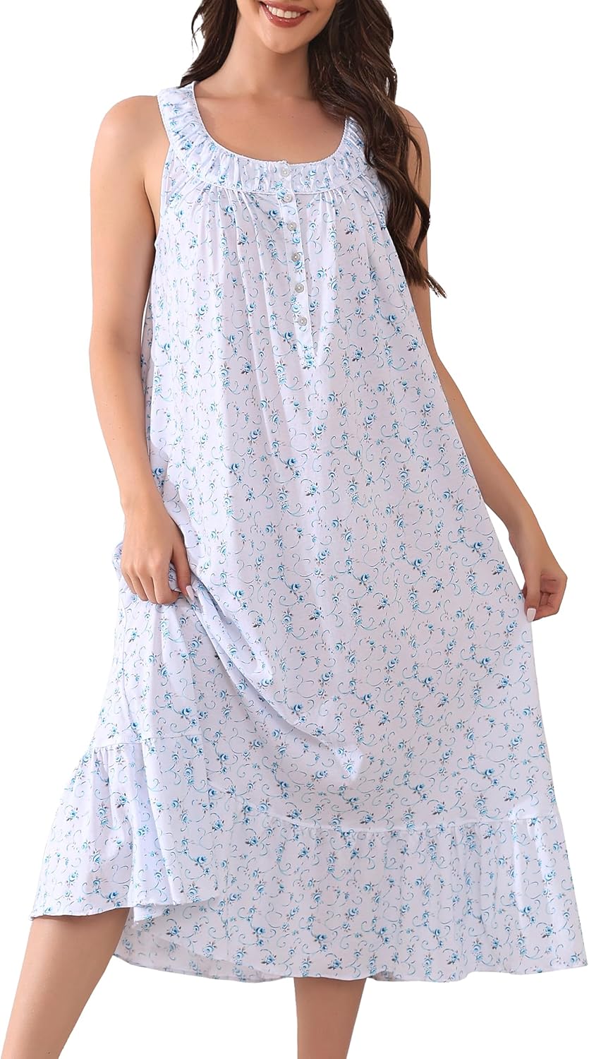 IZZY + TOBY 100% Cotton Nightgowns for Women Soft Ladies Gowns Sleepwear Long Sleeveless Nightgown