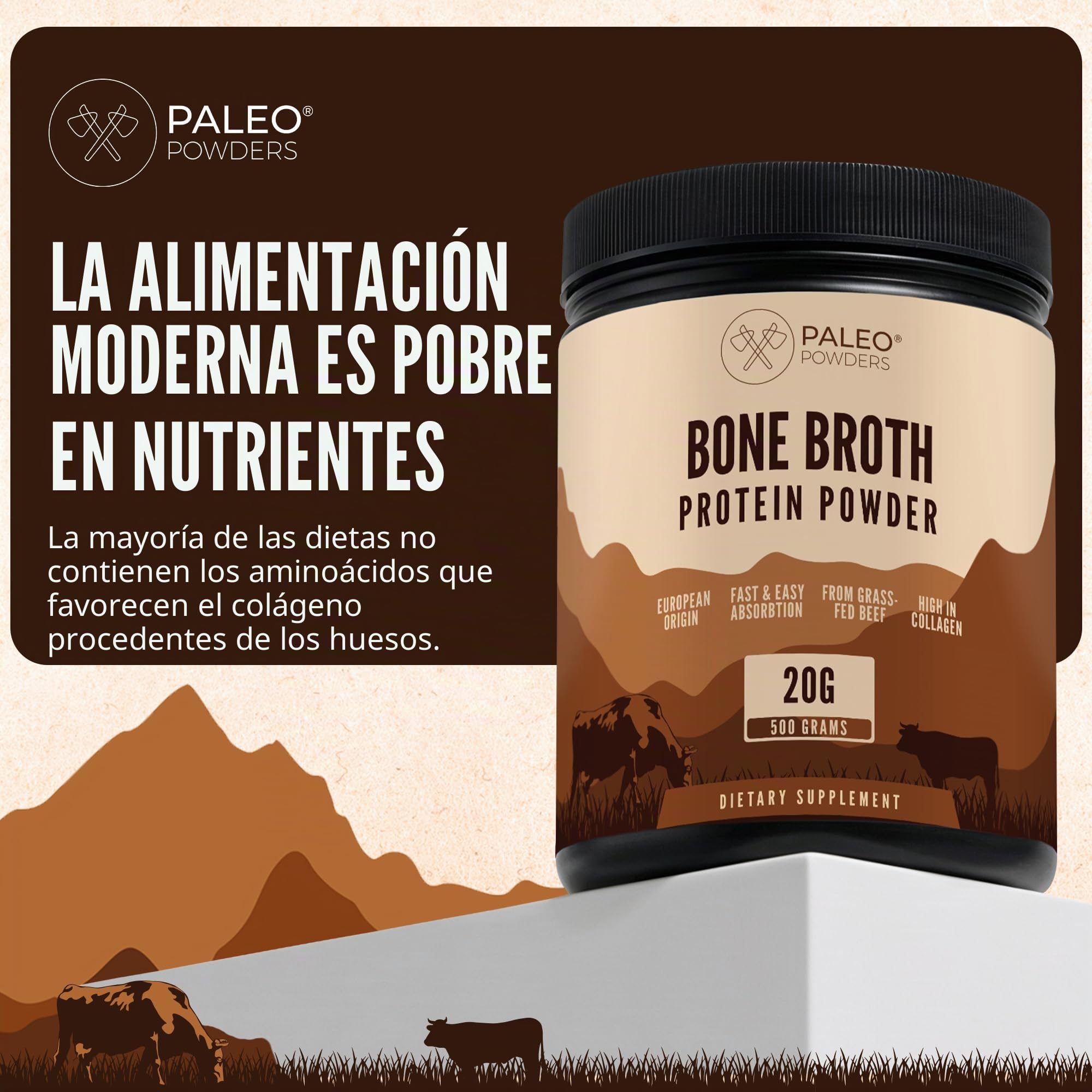 Caldo de huesos en polvo - 100% ganado europeo de pastoreo - Proteína de colágeno múltiple - 0 g de azúcar - 500 g