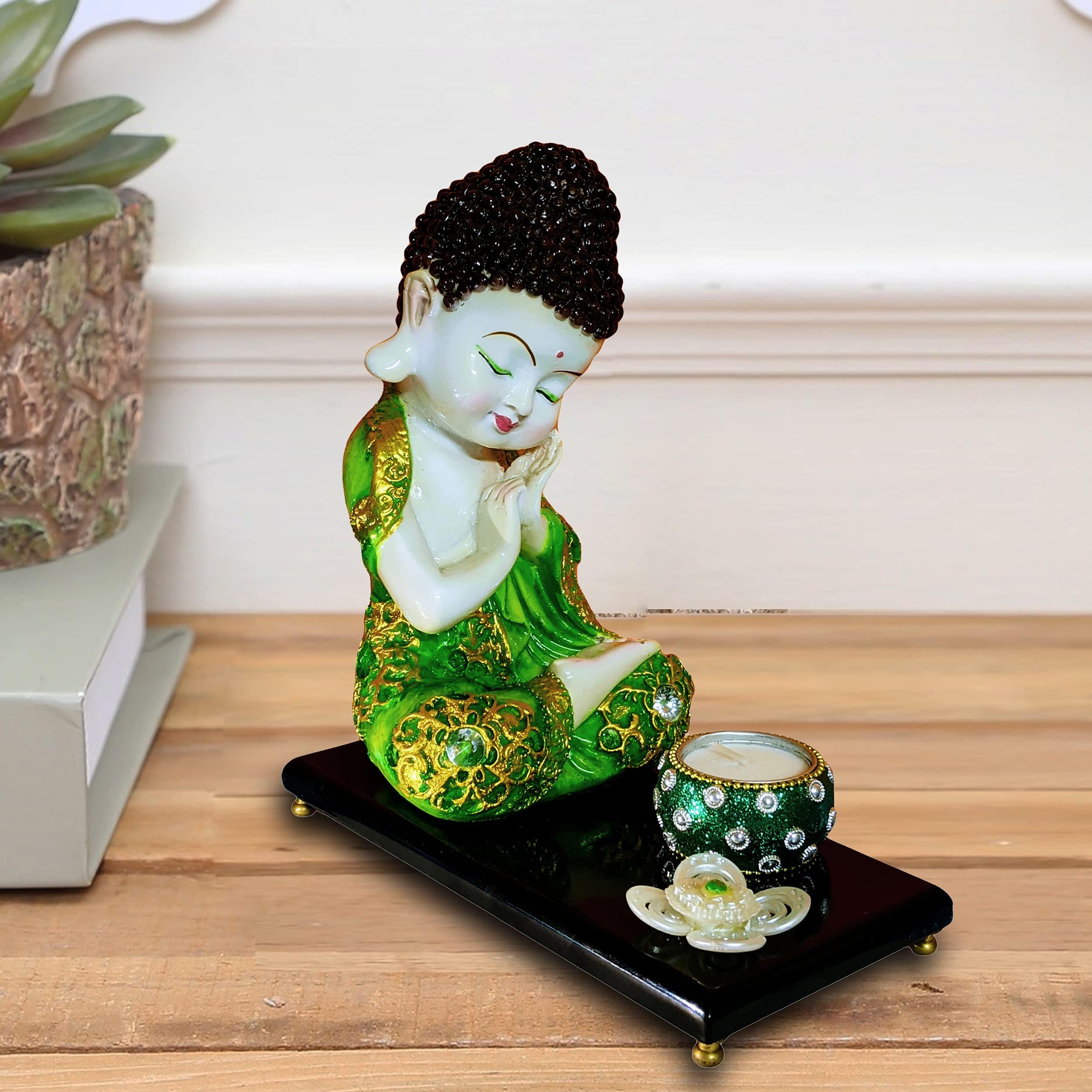 Sacred Blessings Polyresin Green Baby Buddha Statue Showpiece Idol for Home Decor (20 x 10 x 22) cm, 1 Set