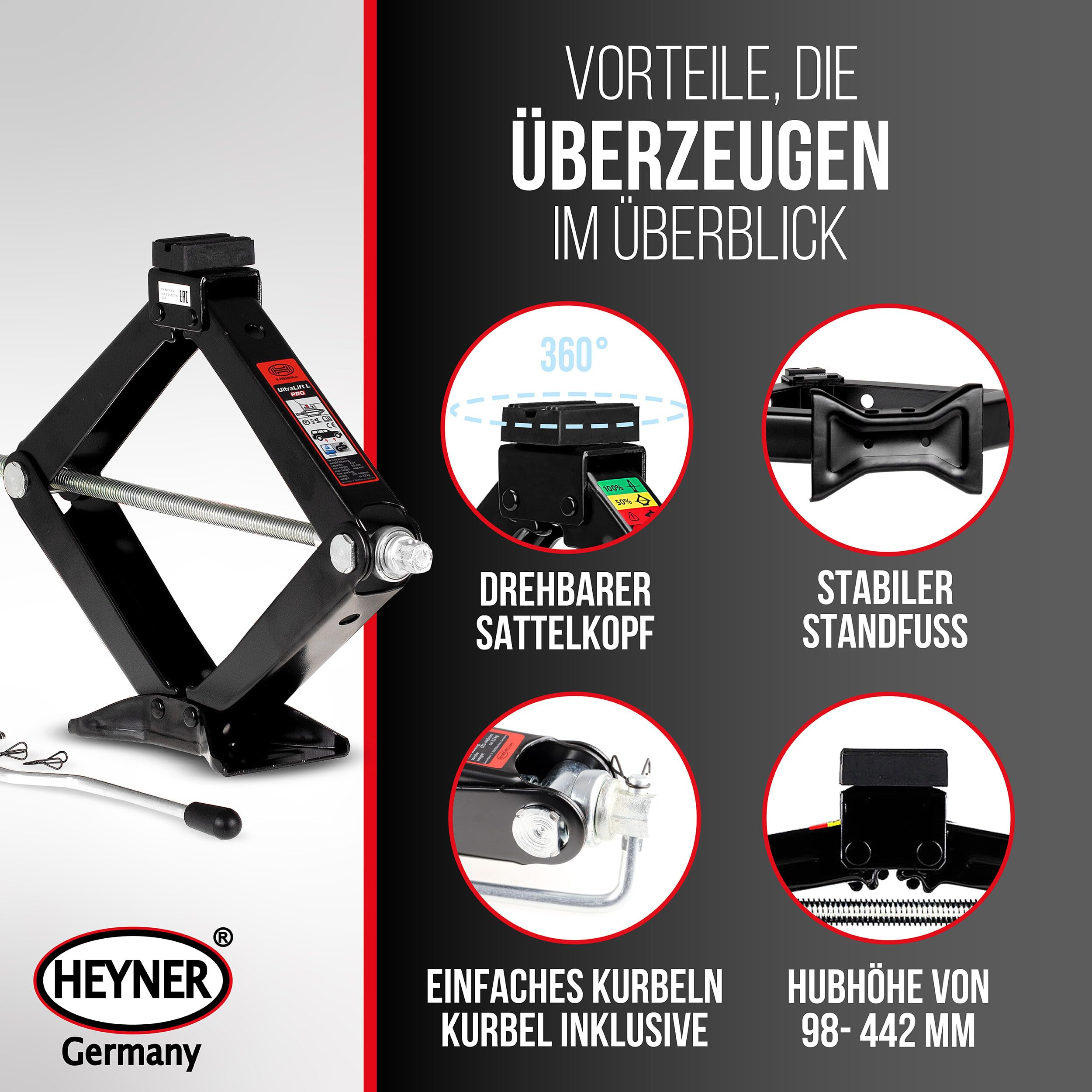 HEYNER® Cric à Ciseaux 2t, Hauteur de Levage, 320-442mm, TÜV & GS, cric avec manivelle et Support en Caoutchouc, pour remorque/Voiture - avec Sacoche