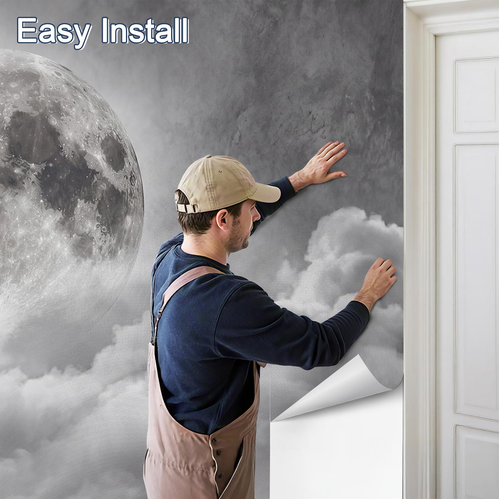 Fototapete 3D Vollmond Wolken Tapete Grau Betonoptik Tapeten Vliestapete Modern Wandtapete Wohnzimmer Schlafzimmer Kinderzimmer Wanddeko Motivtapeten350 x 256 cm (B x H)