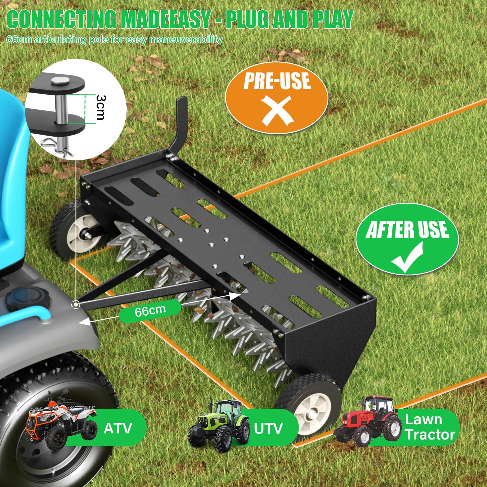 VELPAX Aireador para cortacésped de 101 cm – Acoplamiento universal, enganche extra ancho, aireador de césped duradero para tractor con 10 dientes