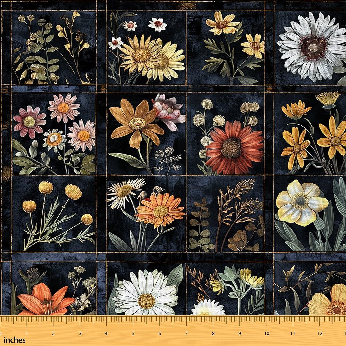 Erosebridal Flower Fabric by The Yard,Wildflower Floral Plaid Grid Upholstery Fabric for Kids,Nature Garden Blossom Craft Patchwork Waterproof Decor for Quilting Sewing,3 Yards,Black Yellow Orange