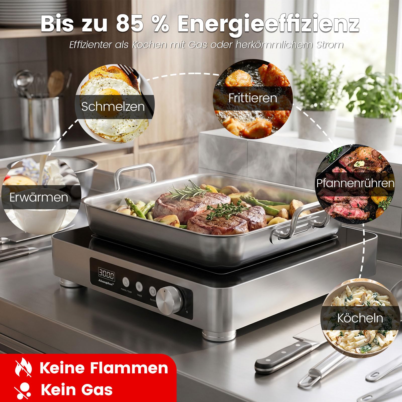 Plaque de cuisson à induction commerciale 3000 W – 190-275 V avec 16 niveaux de puissance, 60 à 220 °C, minuterie 18 h, acier inoxydable et verre, pour restauration, restaurant et cuisine
