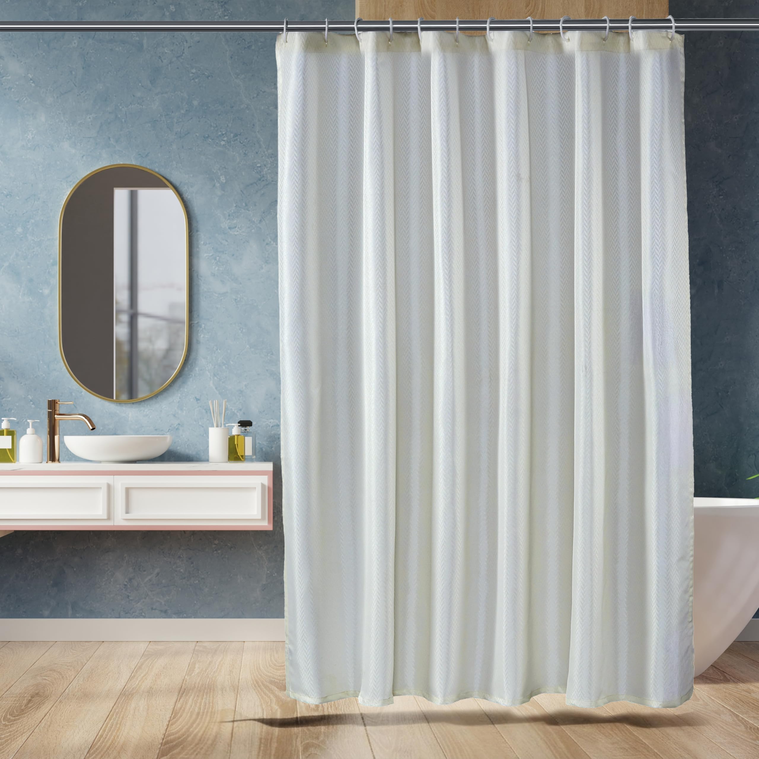 Amazon Basics Shower Curtain 6 Feet | Waterproof Bathroom Curtain | PVC-Free, No Plastic Smell | Machine Washable Fabric | Off-White | 6ft Wide | 12 Hooks -180 CM X 180 CM