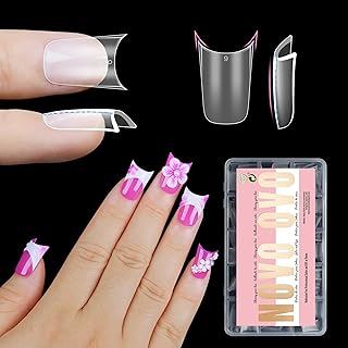 NOVO OVO Halloween Extra Thick Short Duck Feet Nail Tips with Moon Curve Full Cover Press on Acrylic, Clear Pre-Etched Matte Flare Wide French Soft Gel Fake False Nail Extension x 15 Sizes 240 pcs