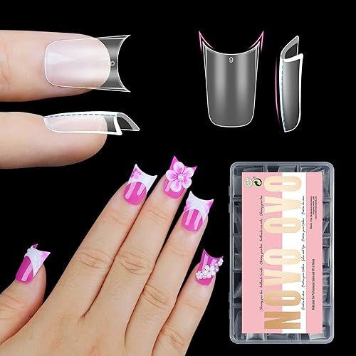 NOVO OVO Halloween Extra Thick Short Duck Feet Nail Tips with Moon Curve Full Cover Press on Acrylic, Clear Pre-Etched Matte Flare Wide French Soft Gel Fake False Nail Extension x 15 Sizes 240 pcs