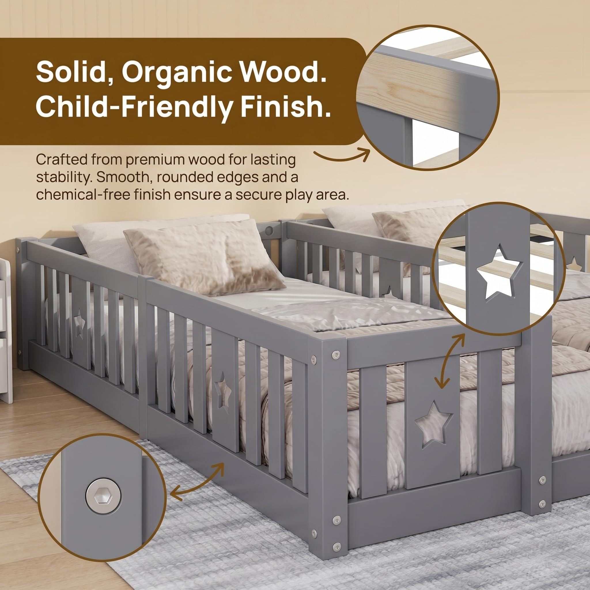 BRILVERDE Letto a terra per bambini 180x200 cm, struttura in legno massiccio con protezione anticaduta perimetrale – con rete a doghe, letto per bambini, letto per adolescenti, in legno di pino – per