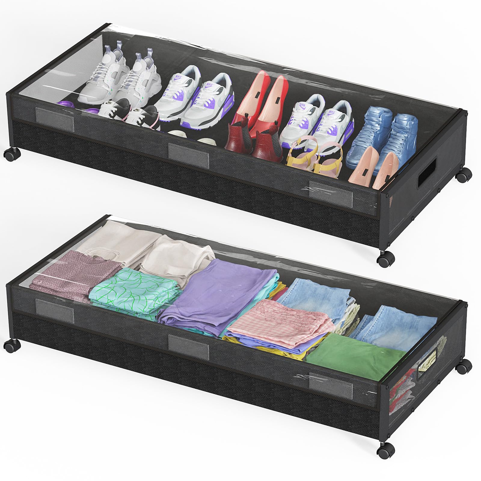 oylik Large Under Bed Storage with Wheels, Metal Under Bed Storage Containers with Clear Lid, Handle, Rolling Under Bed Shoe Storage Drawers, Under