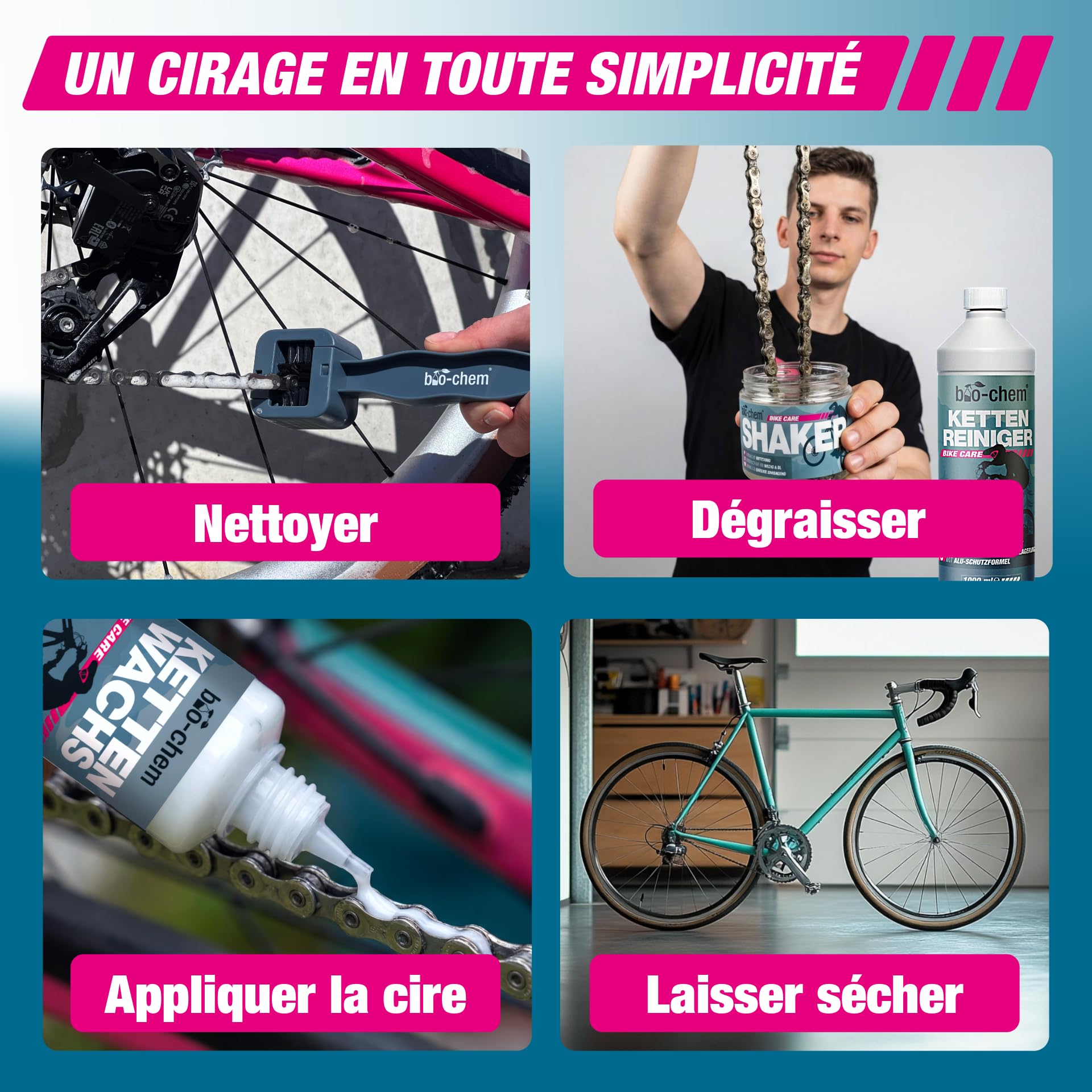 bio-chem Système de cire pour chaînes 7 produits pour vélos | Dégraissant vtt 1L - Cire pour chaine de vélo 100ml - Shaker + chiffon microfibres + set 3 brosses de nettoyage