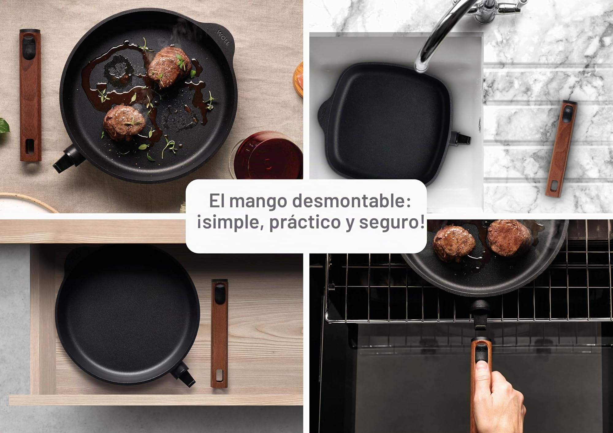 Woll Eco Logic QXR - Sartén de hierro fundido (inductiva, diámetro de 28 cm, 7 cm de alto, con mango de madera sostenible extraíble, apta para todo tipo de cocinas, sin PFAS, revestimiento