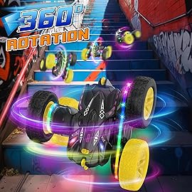 Jimdella Remote Control Car,RC Cars with Sides Light Strip and Headlights,Double Sided 360 Flips Rotating RC Stunt Car,2.4Ghz All Terrain Toys for Ages 4-8 Kids Toy for Boys Birthday Gift(Black)