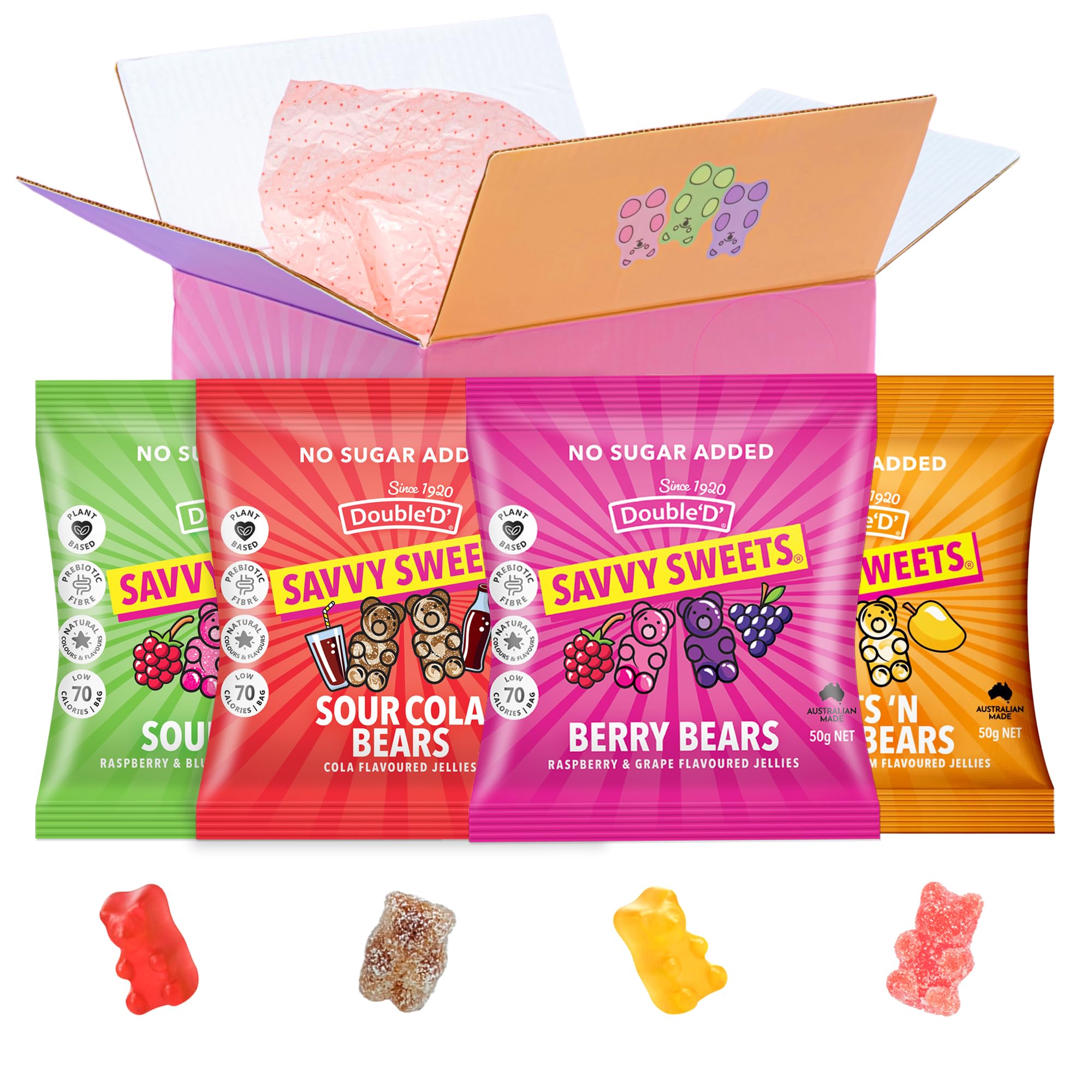 SAVVY Sweets Mixed Gummy Bears Variety Pack - Great Tasting, Prebiotic, Low Sugar, High Fibre, Vegan, Gluten-Free, 72 Calories - 4-Pack (1x Berry, 1x Kola,1x Sour 1 x Fruits and Cream)