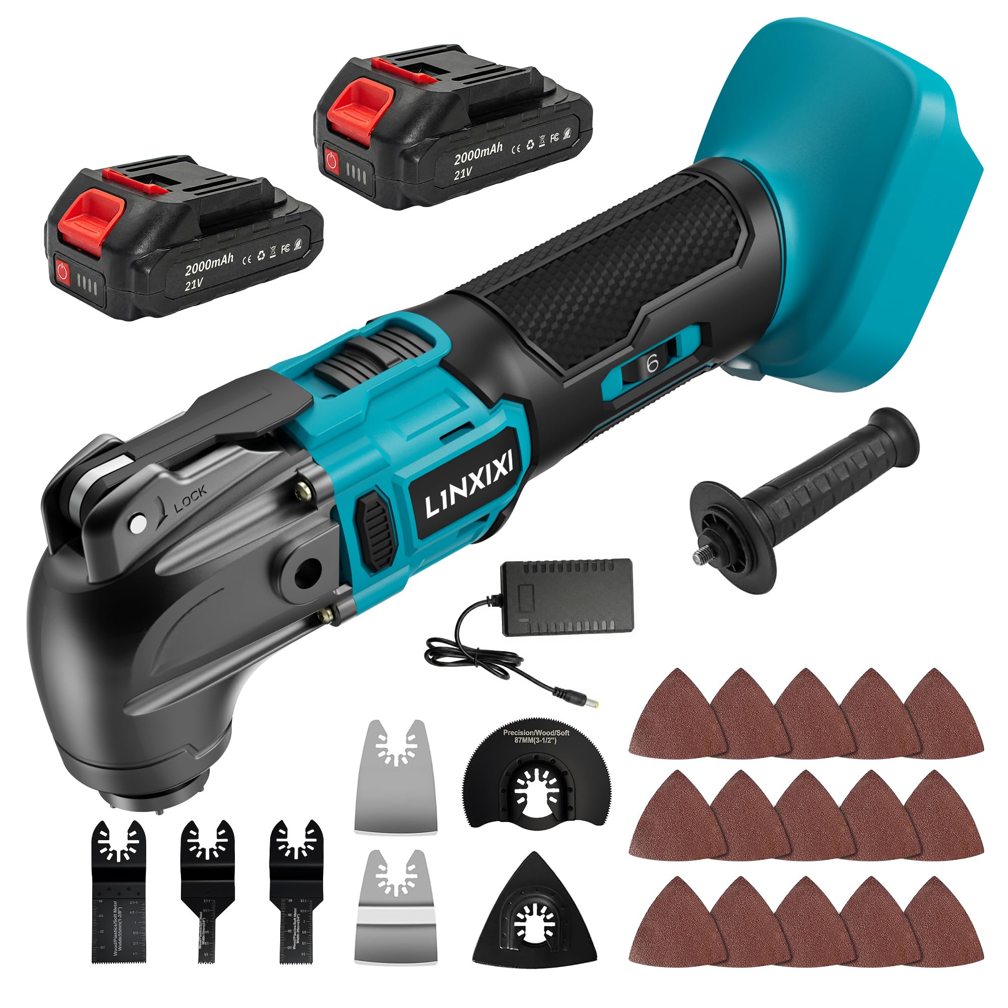 Cordless Oscillating Tool with 2 Battery, Brushless Motor Battery Powered Oscillating Multitool, 4°Oscillation Angle, 6 Variable Speeds, 26pcs Accessories for Metal & Wood Scraping, Cutting, Sanding