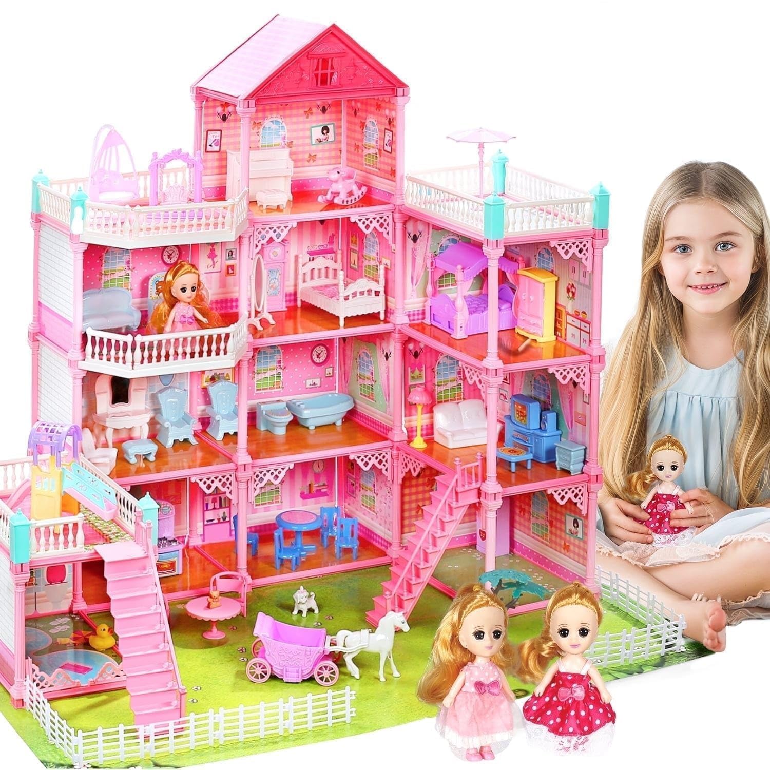 Dollhouse with 4-Story 11 Rooms, Dream Gift Princess Doll House Playset with Furniture Pool Slide, Pink Toddler Toy House for 3 4 5 6 7 8 9 10 Year Old Toddlers, Girls,Boys - Multicolored