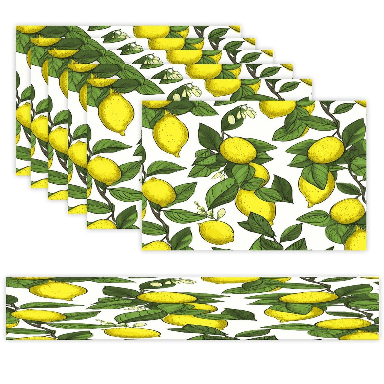 Yellow Fresh Lemons Table Runner and Placemats Set of 6 for Kitchen Washable Table Mats Heat Resistant Place Mats Non-Slip Place Mat Wipeable Placemat(6 Placemats+1 Table Runner)