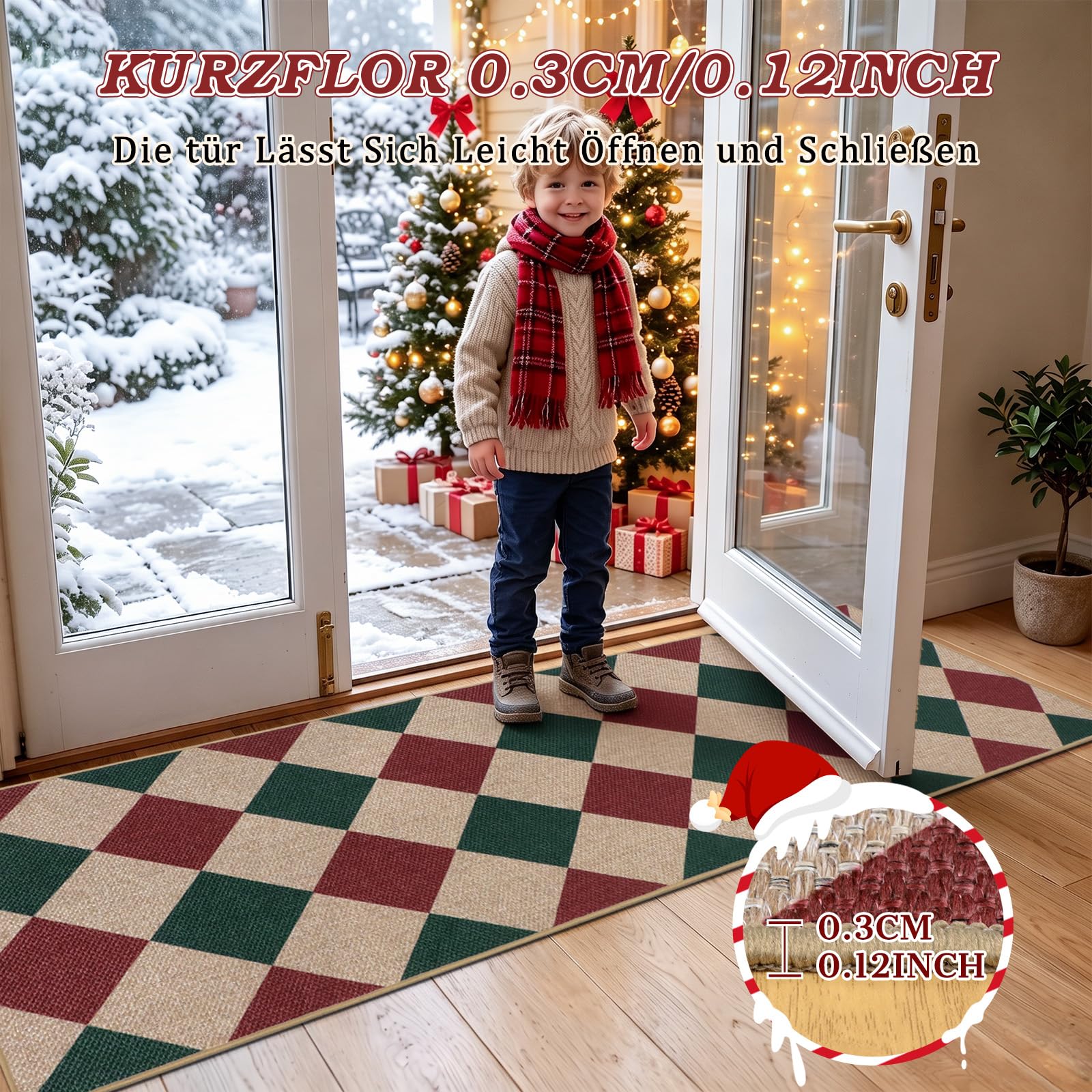 TUKDAK Jute Weihnachtsteppich Läufer 60x180cm Waschbar Rutschfest Rot Grün – Ansicht 3